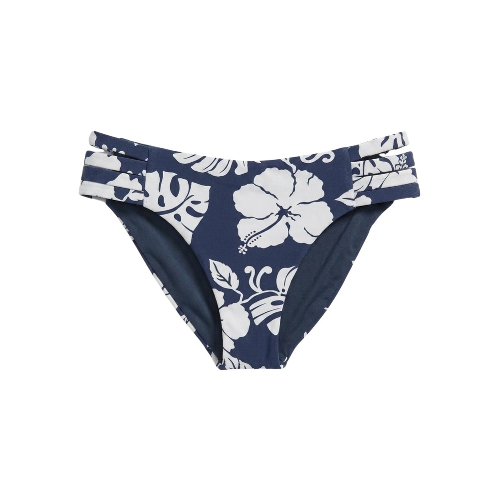 Roxy Bikini Bottoms Womens Small Navy Blue White Tropical Strappy Side Floral